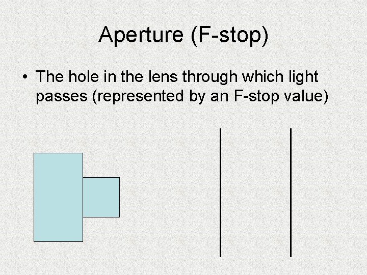 Aperture (F-stop) • The hole in the lens through which light passes (represented by