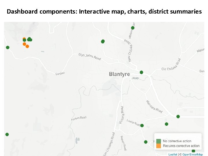 Dashboard components: Interactive map, charts, district summaries 