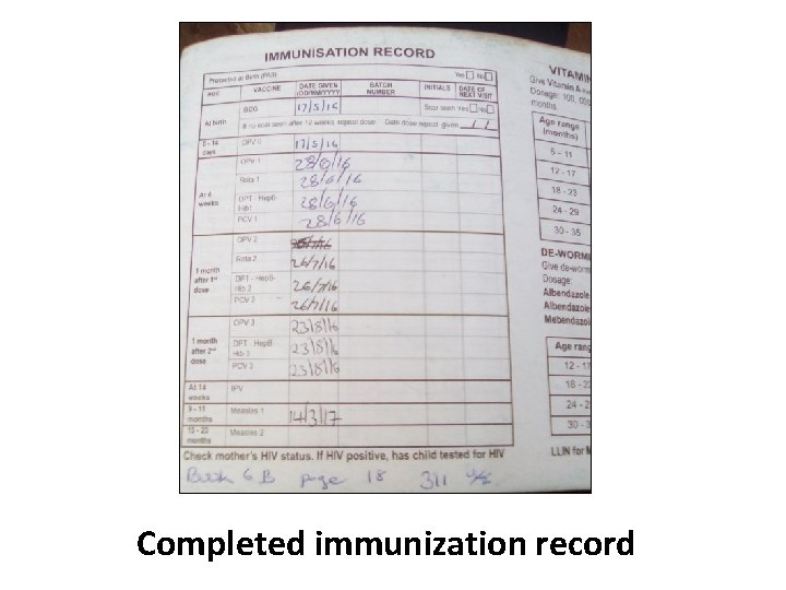 Completed immunization record 