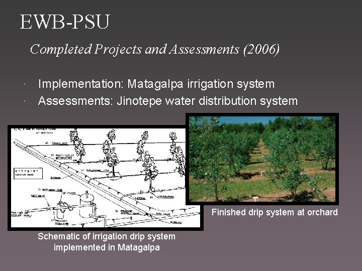 EWB-PSU Completed Projects and Assessments (2006) Implementation: Matagalpa irrigation system Assessments: Jinotepe water distribution