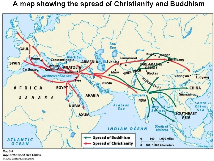 A map showing the spread of Christianity and Buddhism 3. The map is most