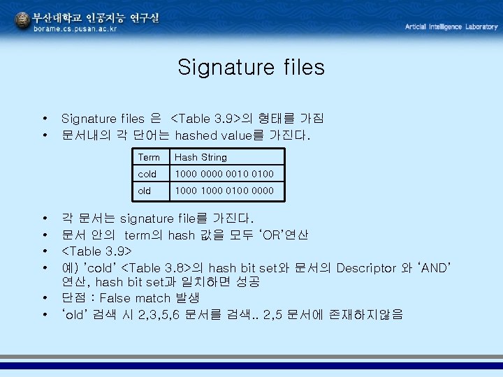 Signature files • • Signature files 은 <Table 3. 9>의 형태를 가짐 문서내의 각