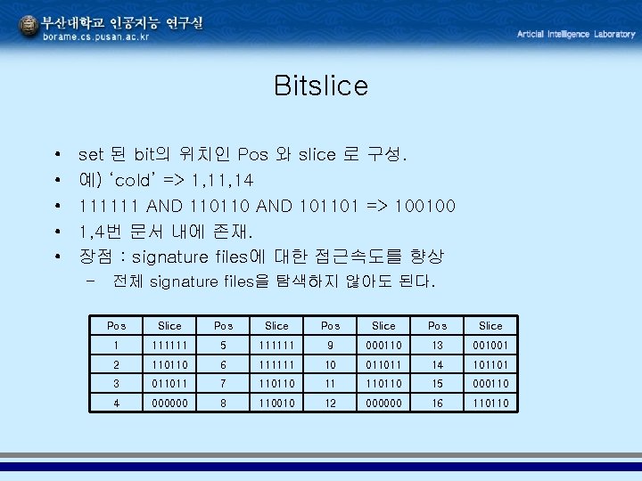 Bitslice • • • set 된 bit의 위치인 Pos 와 slice 로 구성. 예)