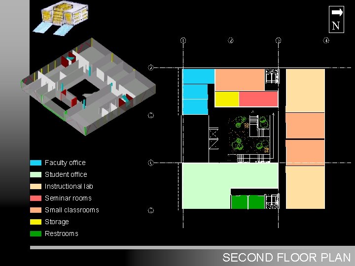 N Faculty office Student office Instructional lab Seminar rooms Small classrooms Storage Restrooms SECOND