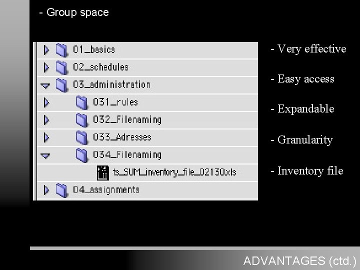 - Group space - Very effective - Easy access - Expandable - Granularity -