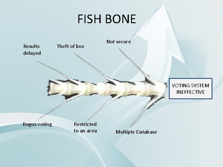 FISH BONE FISHBONE Results delayed Theft of box Not secure VOTING SYSTEM INEFFECTIVE Bogus