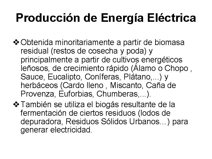 Producción de Energía Eléctrica v Obtenida minoritariamente a partir de biomasa residual (restos de