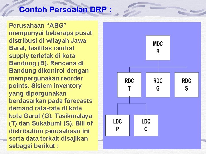 Contoh Persoalan DRP : Perusahaan “ABG” mempunyai beberapa pusat distribusi di wilayah Jawa Barat,