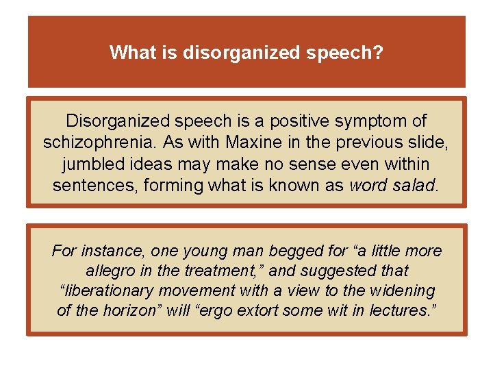What is disorganized speech? Disorganized speech is a positive symptom of schizophrenia. As with