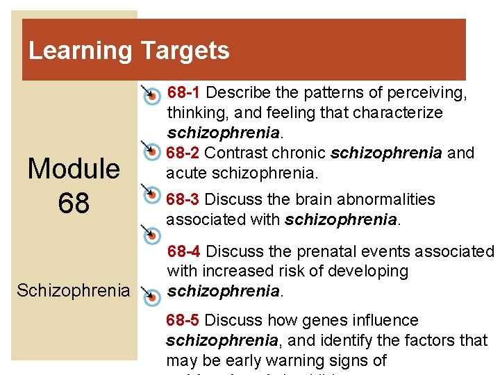 Learning Targets Module 68 Schizophrenia 68 -1 Describe the patterns of perceiving, thinking, and