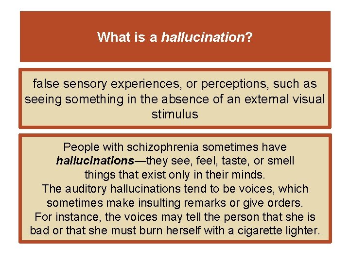 What is a hallucination? false sensory experiences, or perceptions, such as seeing something in