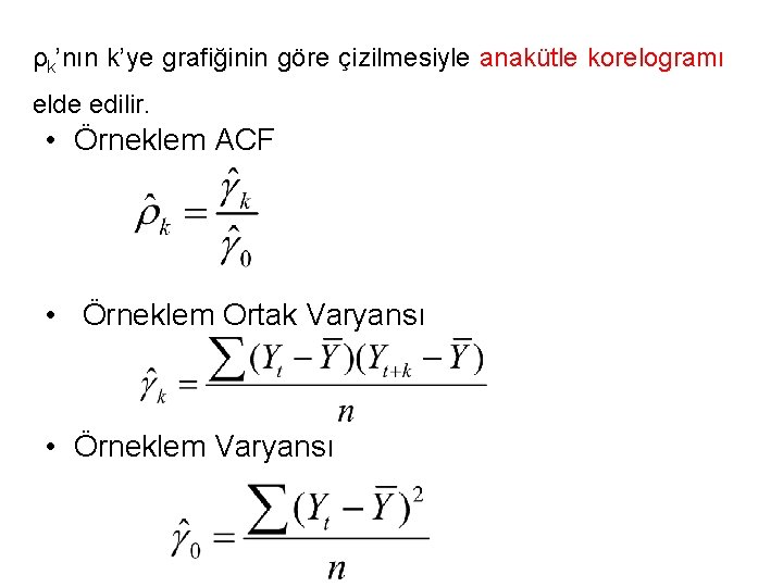 ρk’nın k’ye grafiğinin göre çizilmesiyle anakütle korelogramı elde edilir. • Örneklem ACF • Örneklem