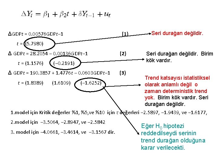 ΔGDPt = 0. 00576 GDPt− 1 (1) Seri durağan değildir. t = (5. 7980)