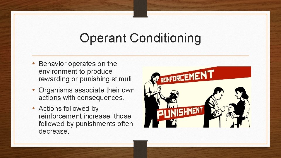 Operant Conditioning • Behavior operates on the environment to produce rewarding or punishing stimuli.