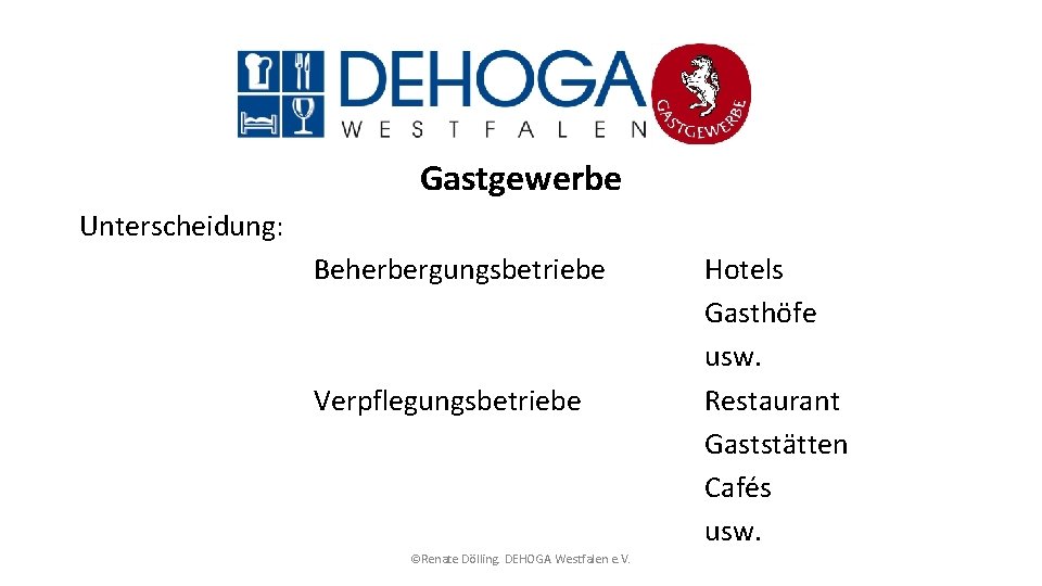 Gastgewerbe Unterscheidung: Beherbergungsbetriebe Verpflegungsbetriebe ©Renate Dölling. DEHOGA Westfalen e. V. Hotels Gasthöfe usw. Restaurant