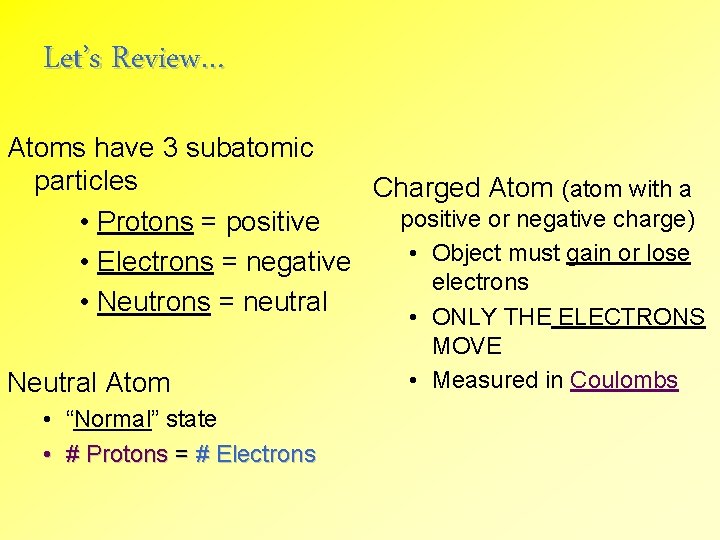 Let’s Review… Atoms have 3 subatomic particles Charged Atom (atom with a positive or