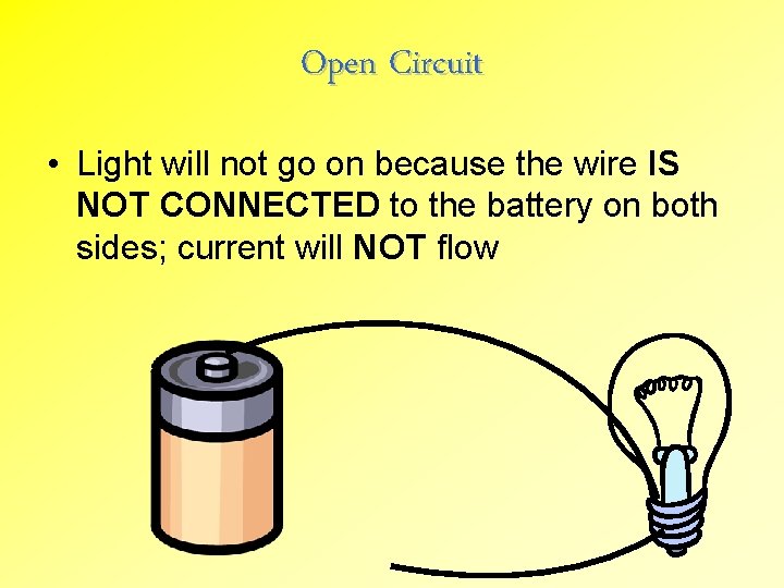 Open Circuit • Light will not go on because the wire IS NOT CONNECTED