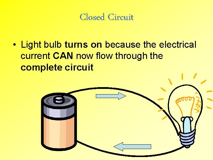 Closed Circuit • Light bulb turns on because the electrical current CAN now flow