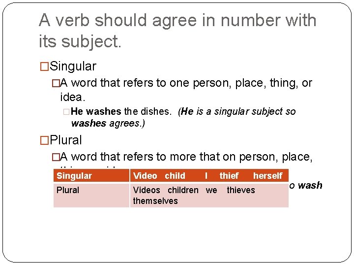 A verb should agree in number with its subject. �Singular �A word that refers