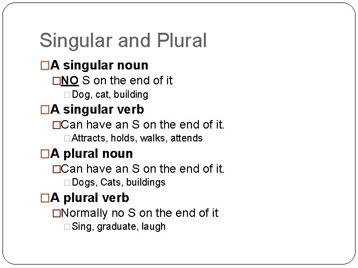 Singular and Plural �A singular noun �NO S on the end of it �Dog,