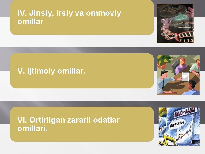 IV. Jinsiy, irsiy va ommoviy omillar V. Ijtimoiy omillar. VI. Ortirilgan zararli odatlar omillari.