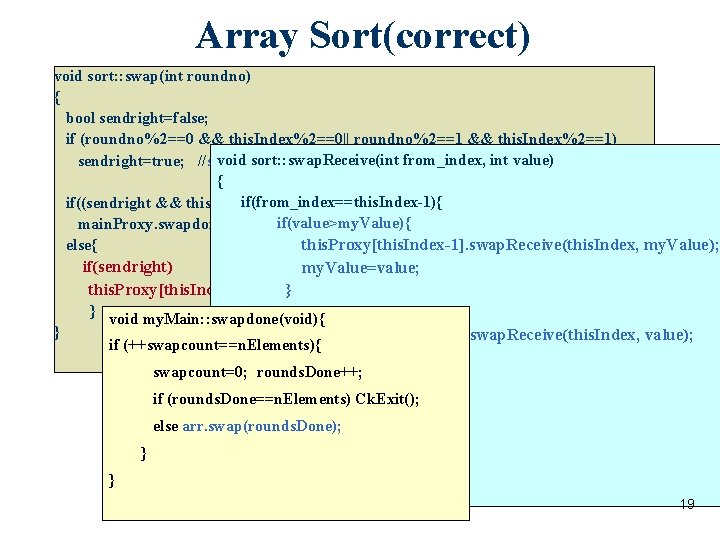 Array Sort(correct) void sort: : swap(int roundno) { bool sendright=false; if (roundno%2==0 && this.