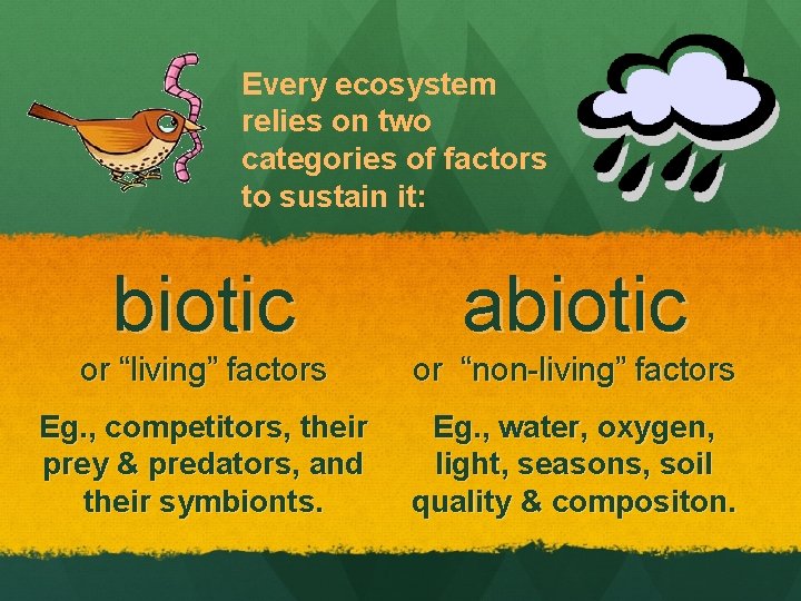 Every ecosystem relies on two categories of factors to sustain it: biotic abiotic or