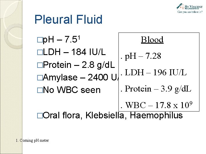 Pleural Fluid �p. H Blood – 7. 51 �LDH – 184 IU/L. p. H