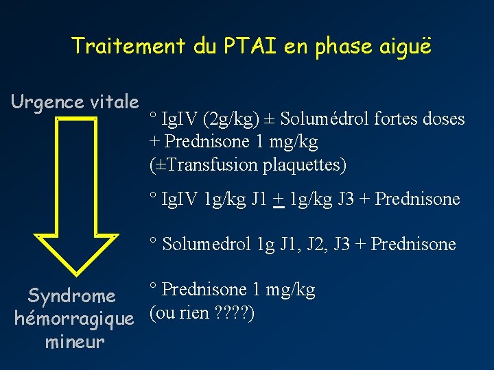 Traitement du PTAI en phase aiguë Urgence vitale ° Ig. IV (2 g/kg) ±