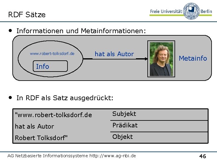 RDF Sätze • Informationen und Metainformationen: www. robert-tolksdorf. de hat als Autor Metainfo Info
