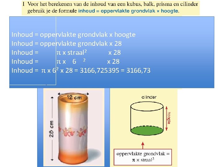 Inhoud = oppervlakte grondvlak x hoogte Inhoud = oppervlakte grondvlak x 28 Inhoud =