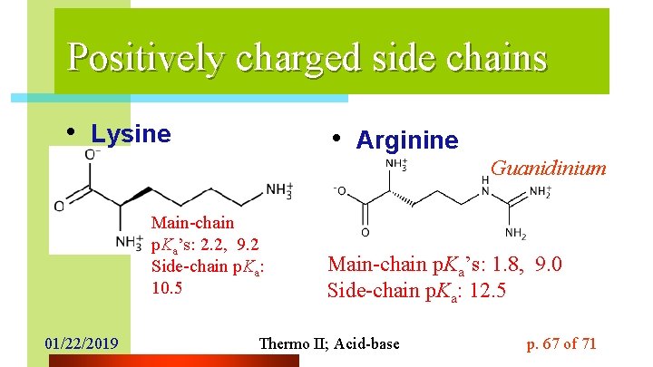 Positively charged side chains • Lysine • Arginine Guanidinium Main-chain p. Ka’s: 2. 2,