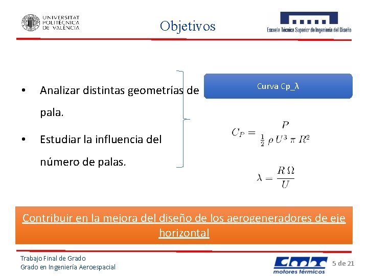 Objetivos • Analizar distintas geometrías de Curva Cp_λ pala. • Estudiar la influencia del