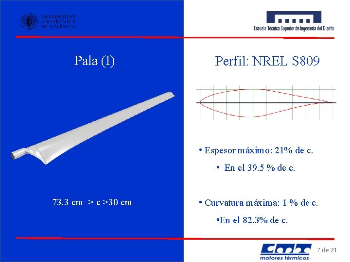 Pala (I) Perfil: NREL S 809 • Espesor máximo: 21% de c. • En