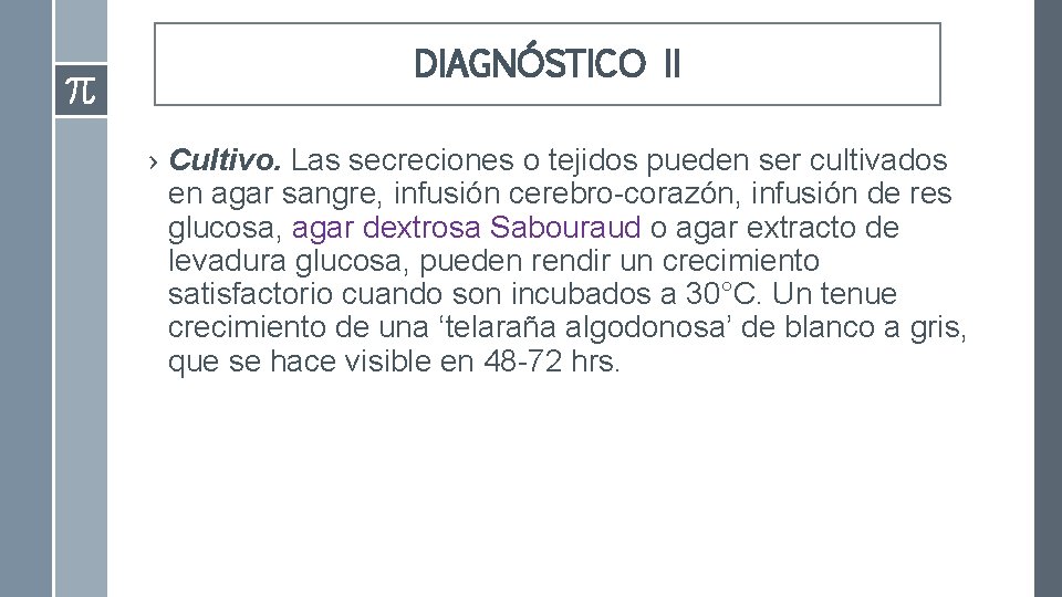 DIAGNÓSTICO II › Cultivo. Las secreciones o tejidos pueden ser cultivados en agar sangre,