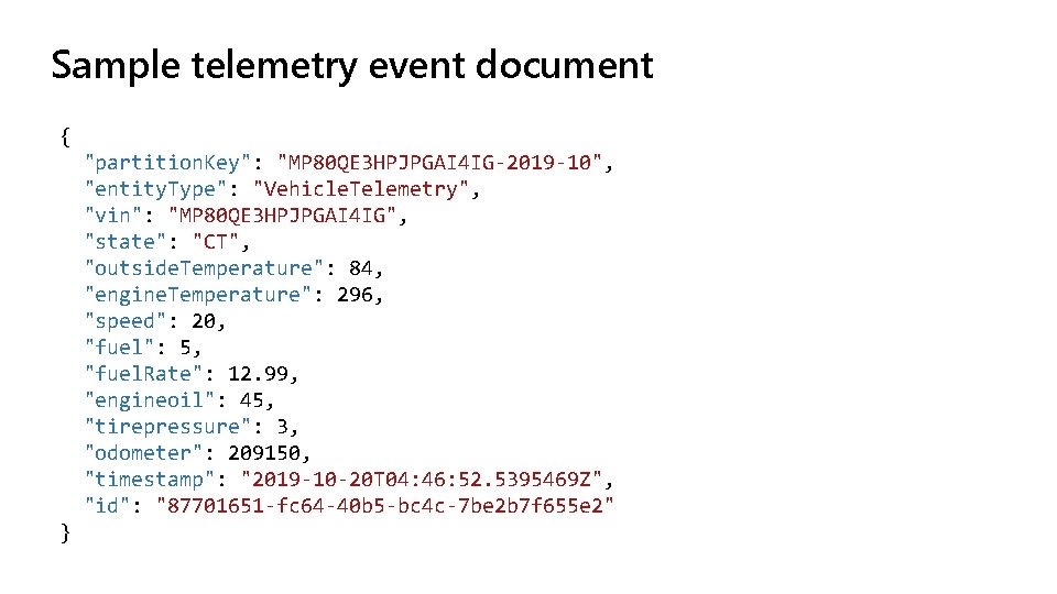 Sample telemetry event document { "partition. Key": "MP 80 QE 3 HPJPGAI 4 IG-2019
