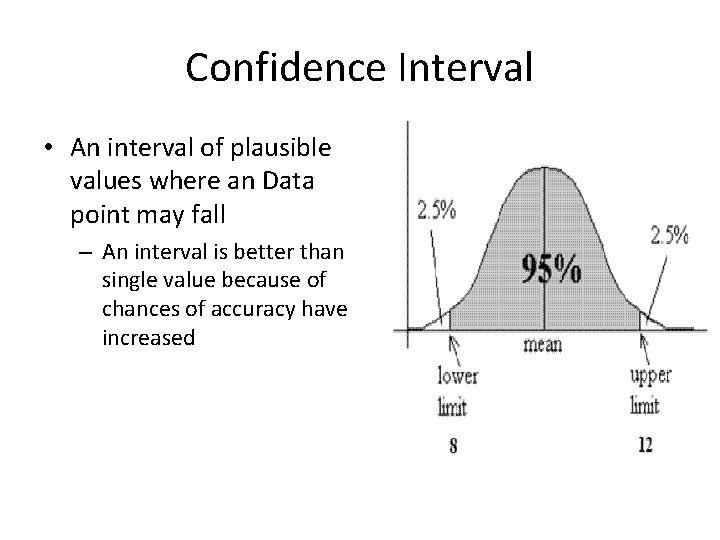 Confidence Interval • An interval of plausible values where an Data point may fall