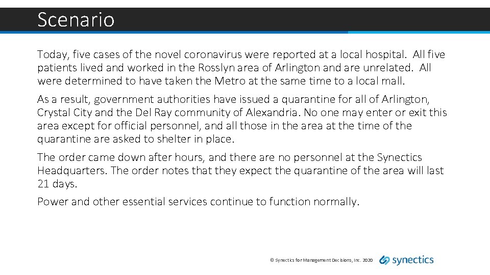 Scenario Today, five cases of the novel coronavirus were reported at a local hospital.
