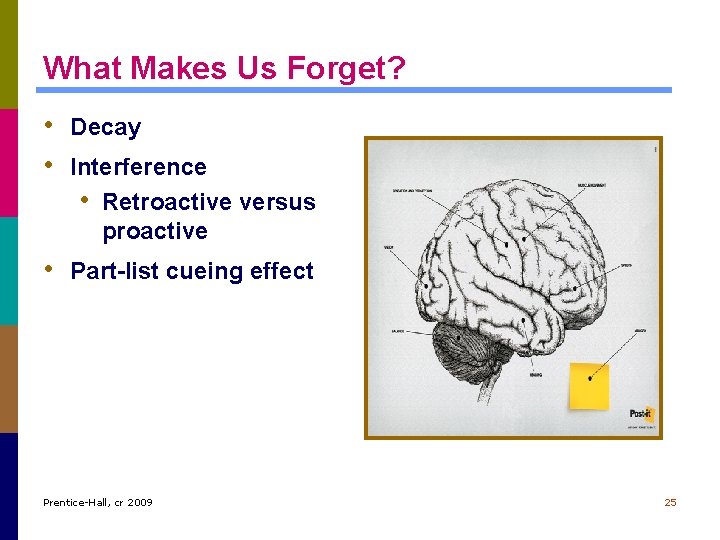 What Makes Us Forget? • Decay • Interference • Retroactive versus proactive • Part-list