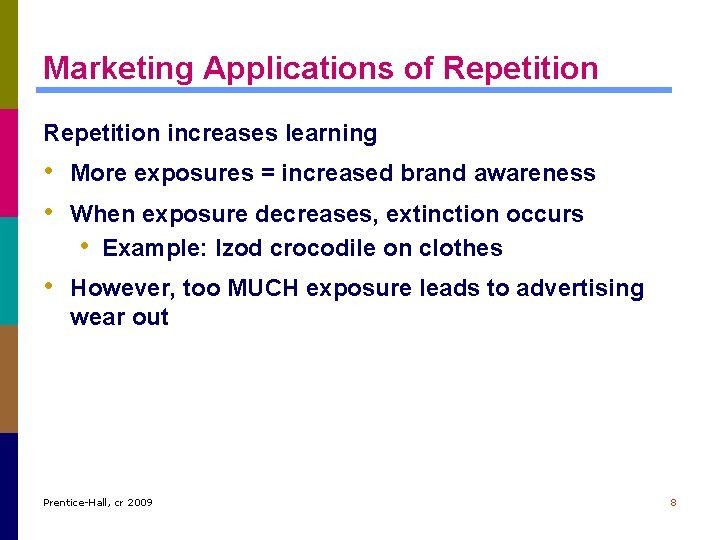 Marketing Applications of Repetition increases learning • More exposures = increased brand awareness •