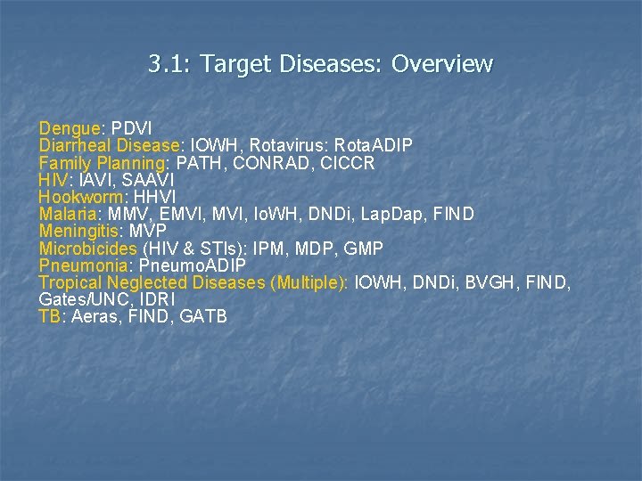 3. 1: Target Diseases: Overview Dengue: PDVI Diarrheal Disease: IOWH, Rotavirus: Rota. ADIP Family