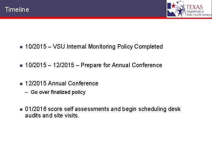 Timeline n 10/2015 – VSU Internal Monitoring Policy Completed n 10/2015 – 12/2015 –
