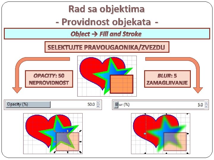 Rad sa objektima - Providnost objekata Object → Fill and Stroke OPACITY BLUR 