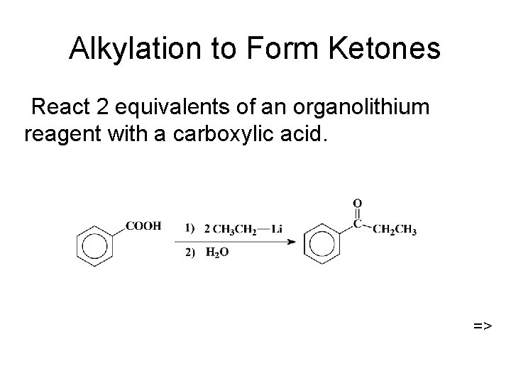 Alkylation to Form Ketones React 2 equivalents of an organolithium reagent with a carboxylic