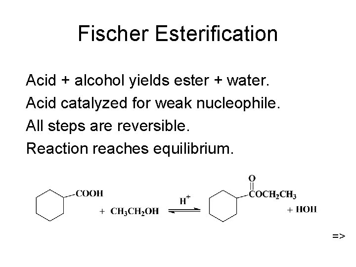 Fischer Esterification Acid + alcohol yields ester + water. Acid catalyzed for weak nucleophile.