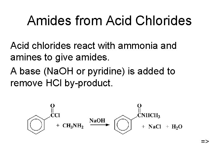 Amides from Acid Chlorides Acid chlorides react with ammonia and amines to give amides.