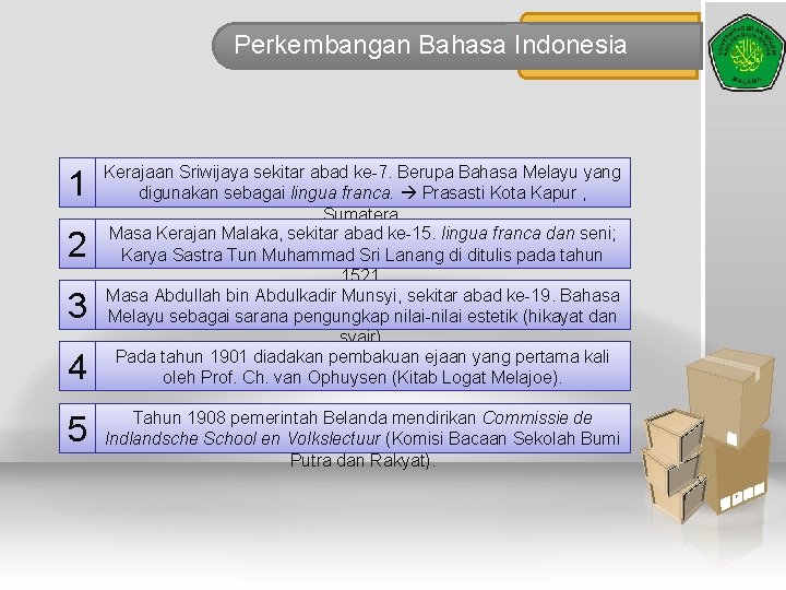 Perkembangan Bahasa Indonesia 1 2 3 4 5 Kerajaan Sriwijaya sekitar abad ke-7. Berupa