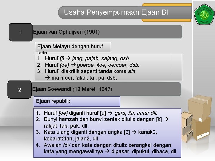 Usaha Penyempurnaan Ejaan BI 1 Ejaan van Ophuijsen (1901) Ejaan Melayu dengan huruf latin