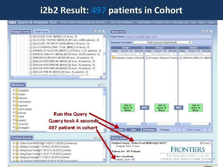 i 2 b 2 Result: 497 patients in Cohort Run the Query took 4