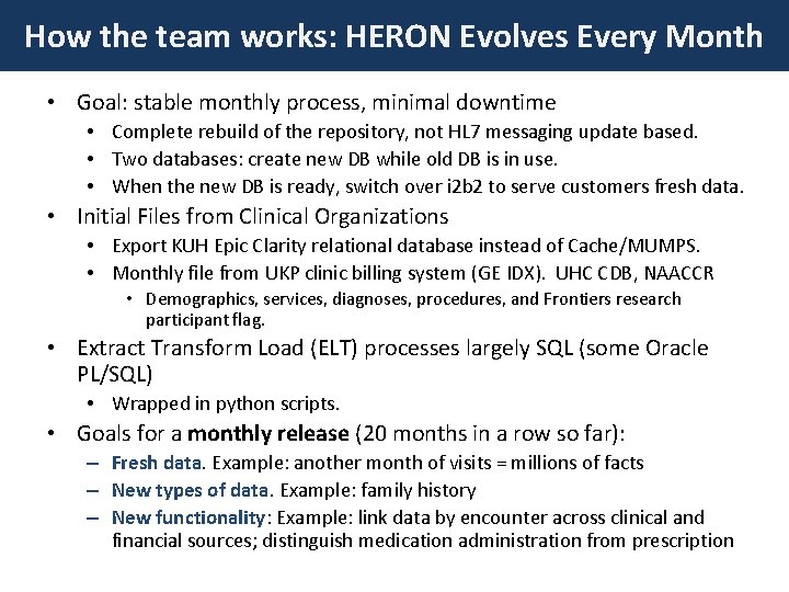 How the team works: HERON Evolves Every Month • Goal: stable monthly process, minimal